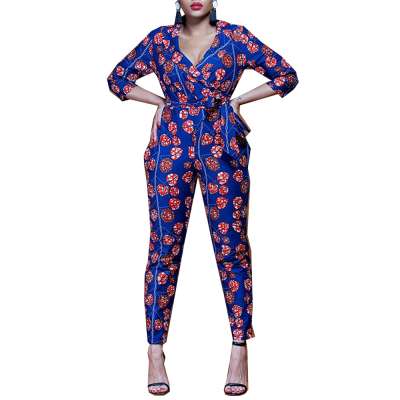 African clothing women 2 piece set v-neck print ruffles top African kitenge designs print pockets long pants