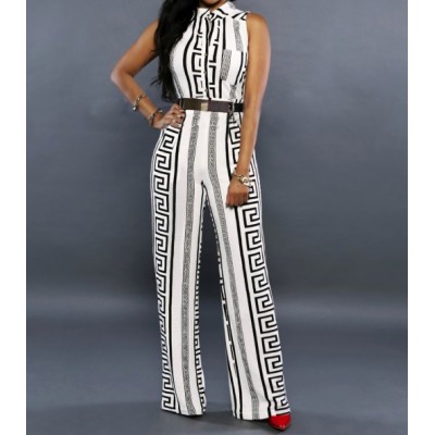 Latest Design Vintage Printed Flare Sleeveless Slim plus size casual Jumpsuit for women