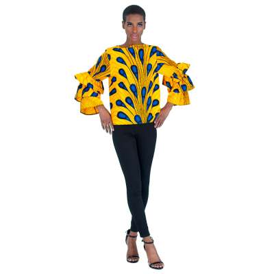 New African Wax Print Style Yellow Long Sleeve Colorful Pattern Blouses Tops for Women