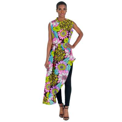 Amazon Hot Sale African Sleeveless Designs Tops Colorful Floral Lengthening Women's Clothing