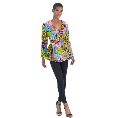 Africa Wax Cotton Stylish Women Clothing V Neck with Sashes Flower Pattern Print Blouse African Style